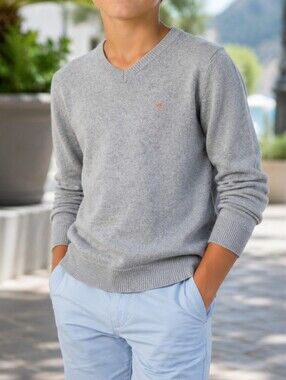 Paul Smith Junior 10A Light Gray V-Neck Wool Blend Sweater Soft Knit Long Sleeve
